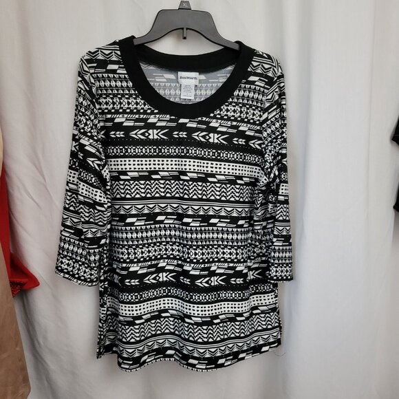 Bon Worth Blouse Retro Pullover Black White Geometric Large 3/4 sleeve stretchy - Picture 6 of 8
